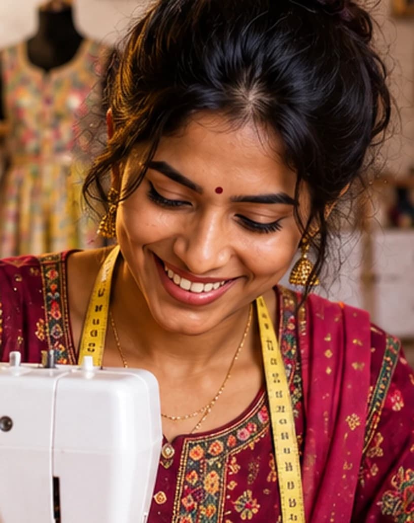 सिलाई सीखने की शुरुआत करती एक भारतीय महिला, मुस्कुराते हुए अपने काम पर ध्यान केंद्रित करते हुए