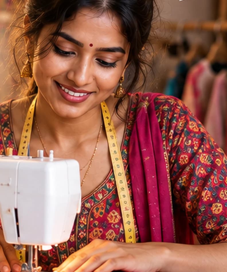 एक भारतीय महिला अपने घर के सिलाई कोने में सिलाई मशीन पर कपड़ा सिलते हुए, ध्यान से अपने काम को देखते हुए