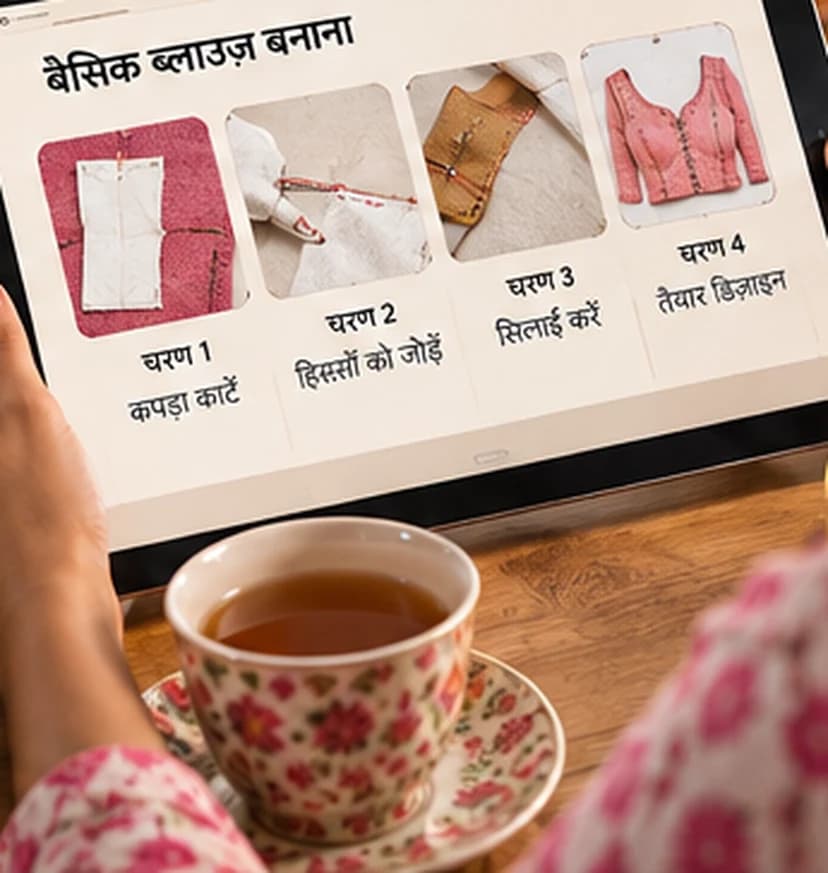 टैबलेट पर खुला हुआ 'शुरुआत से सिलाई सीखें' डिजिटल गाइड, हाथ में चाय के कप के साथ